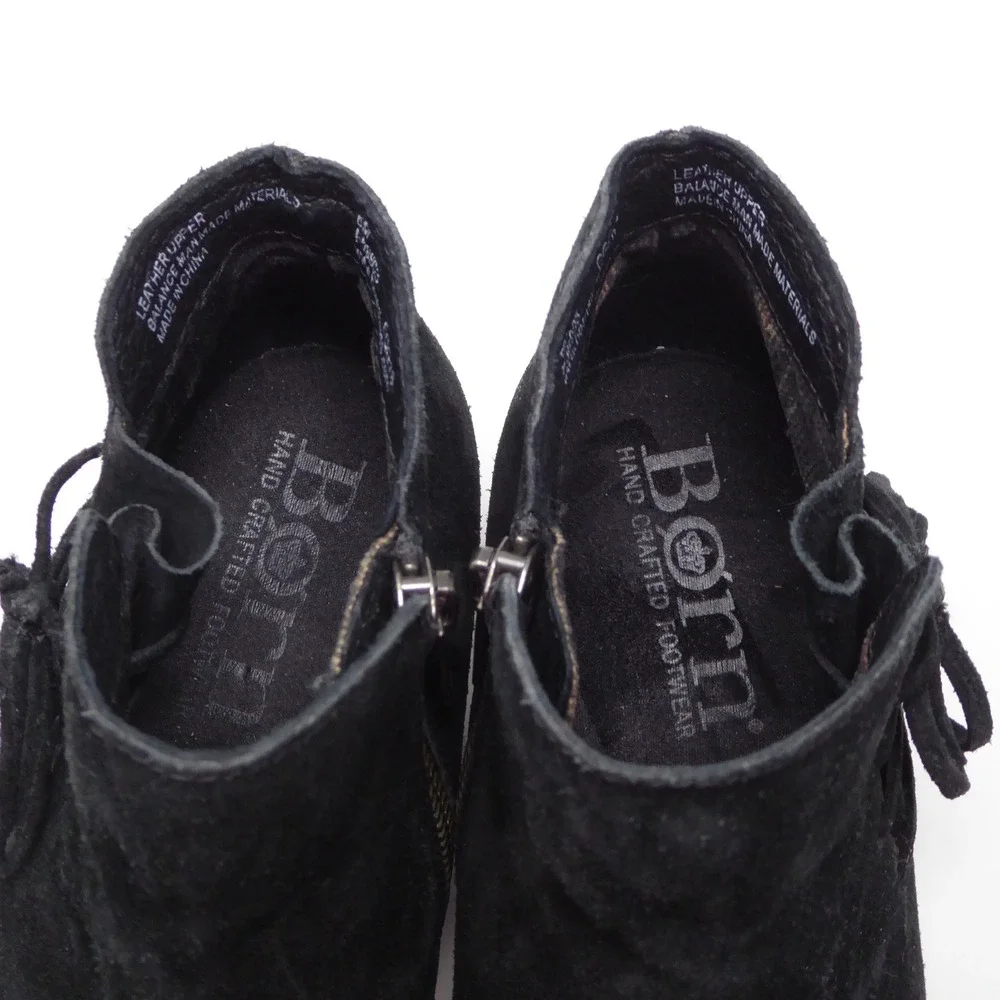 Born Bessie Women Ankle Boots Black Suede Leather Lace Up Side Zip F56903 Size 6